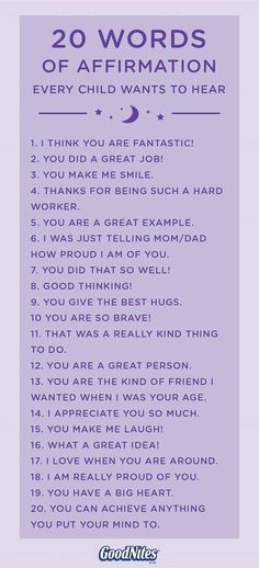 a purple poster with the words 20 words of affirmation every child wants to hear