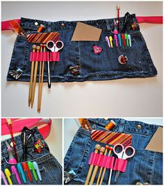 the back pocket of a pair of jean shorts with pencils, scissors and markers