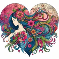 a woman with long hair and flowers in her hair is surrounded by swirls, leaves and