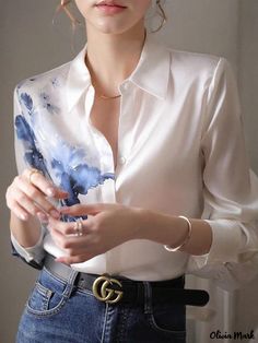 Olivia Mark - Elegant Silk-Blend Long Sleeve Shirt with Ancient-Inspired Watercolor Print Floral Long Sleeve Shirt, Floral Print Shirt, Satin Blouse, Casual Blouse, Silk Shirt, Long Sleeve Casual, Style Outfits, Look Fashion, Peter Pan