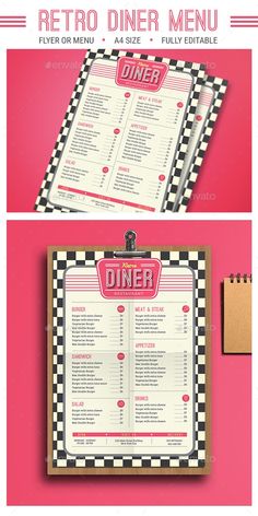 a restaurant menu is shown on a clipboard with the word diner written in red