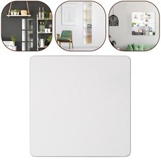 four different images of a living room with furniture and decor on the walls, including a white square mouse pad