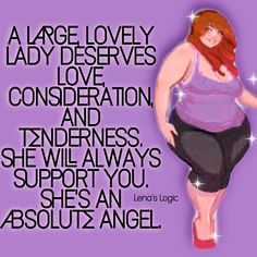 a woman with long red hair is standing in front of a purple background and the words, a large lovely lady deserves love, conservation