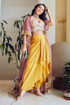 Buy Blue Matka Silk Embroidered Zardozi Work Boat Floral Crop Top And Palazzo Set For Women by Anu Pellakuru Online at Aza Fashions. Haldi Dress, Haldi Outfits, Haldi Outfit, Trendy Outfits Indian, Western Dress, Indian Dresses Traditional, Designer Dresses Casual