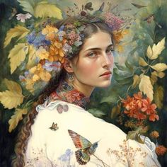 a painting of a woman with flowers in her hair and butterflies around her neck,