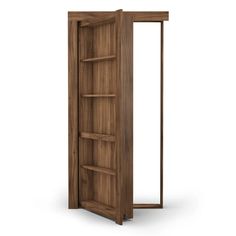 an open wooden door with shelves in the middle and one side opened to reveal a bookcase