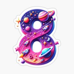 the number eight with planets and stars on it sticker is shown in purple, blue and