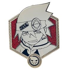 an anime pin with the character naruta on it's face and red glitters