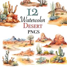 twelve watercolor desert plants and rocks with the text 12 watercolor desert pngs