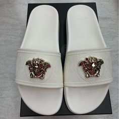 White Versace Poolside Sandals Versace Shoes, Shoes White, Women's Shoes Sandals, Versace, Shoes Sandals, White Gold, Women Shoes, Sandals, Women Shopping