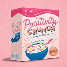 a box of cereal with the words positivity crunch on it and an arrow pointing to