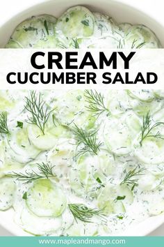 creamy cucumber salad in a white bowl with dill on top