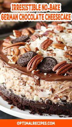 an image of a cake with chocolate and nuts on the top that says irresistiblely no - bake german chocolate cheesecake