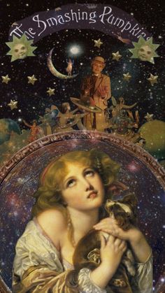 a painting of a woman holding a cat in front of stars and the moon above her