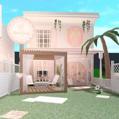 an animated image of a white house with palm trees in the front and side yard