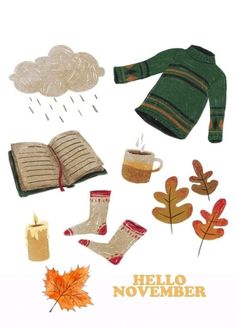 an illustration of autumn items including books, leaves, and candles with the words hello november written on them