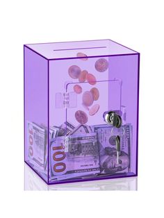 a purple box filled with lots of money