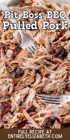 a close up of a plate of food with meat on it and the words pit boss bbq pulled pork