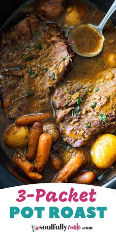 three - packet pot roast with potatoes and carrots in a slow cooker