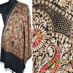 The beauty of the nature is captivated by the skilled artisans of Kashmir, India taking months to create an expensive embroidery needle which two pieces can never be duplicated, is finally adorned the pashminas. A heirloom item and one for the fashionistas. Quality: Fine Quality, Soft and Smooth, 50% Silk 50% Pashmina Scarf Embroidery is done with Fine Silk Thread, Hand-Beaded with Crystals for accent. Size:  30x80 inch or 75x200 cm Origin: Kashmir, INDIA.  Crewel Embroidery is Kashmir's rich in Traditional Embroidered Silk Scarf, Traditional Embroidered Silk Scarf For Wedding, Wedding Shawl With Multicolor Embroidery And Traditional Patterns, Festive Jamawar Scarves With Intricate Embroidery, Festive Wedding Scarf With Intricate Embroidery, Festive Wedding Scarves With Intricate Embroidery, Festival Shawl With Intricate Embroidery, Traditional Embroidered Scarves For Festivals, Festival Embroidered Pashmina Scarves