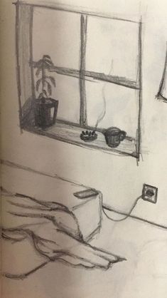 a drawing of a room with a window and some plants in the window sill