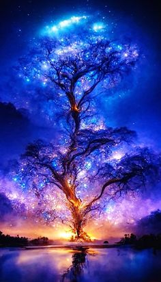 a tree that is in the middle of water with lights on it and stars above