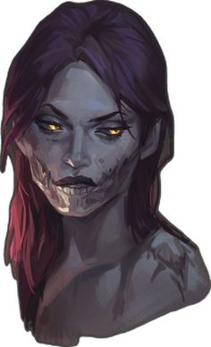 a drawing of a woman with yellow eyes and blood on her face, looking to the side