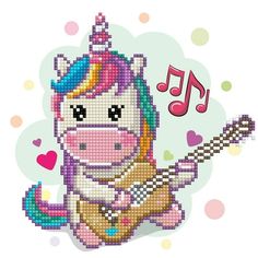 a cross stitch unicorn with musical notes on it's back and the words, i love you