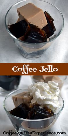 coffee jello in a glass bowl with whipped cream on top and chocolate chunks in the bottom