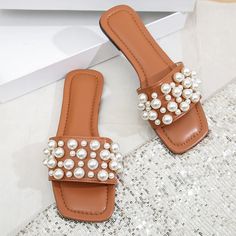 Pearl Summer Slippers Women Flats Luxury Outdoor Flip Flops Women Sandals Gold Silver Design Brand Brown Slippers, Flip Flops Women, Dark Brown Shoes, Casual Summer Sandals, Large Size Womens Shoes, Platform Boots Women, White Wedge Sandals, Womens Suede Boots, Beaded Shoes