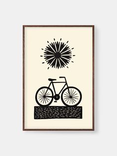 a black and white illustration of a bicycle with fireworks in the sky above it on a beige background