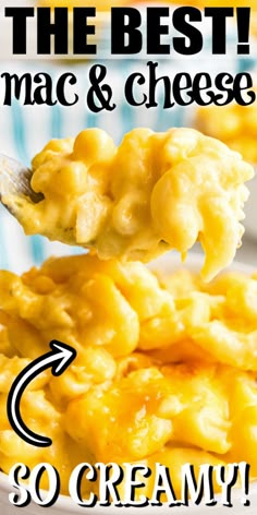 macaroni and cheese is being lifted from a white bowl with the words, the best mac & cheese so creamy