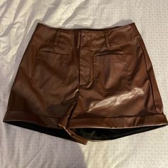 Brown Altar’d State Leather Shorts Size Medium Brand Nwt Has Pockets In The Front And Back Casual Brown Shorts For Night Out, Trendy Brown Shorts For Night Out, Lace Denim Shorts, Cheeky Shorts, Wrap Skort, Frayed Jeans, Blue Checkered, Frayed Denim, Denim And Lace