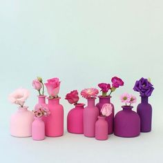 several pink and purple vases with flowers in them