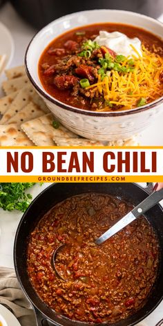 Want more cozy soup recipes for dinner? You're going to love this ground beef chili without beans! Complete with toppings, this easy no bean chili has a whole lot of flavor. Plus, it's a speedy weeknight meal with just a few minutes of prep! Chilli Recipe No Beans, Chili Without Beans, Steak Chili, Ground Beef Chili, Favorite Chili Recipe, Bean Chili Recipe, Chili Recipe Crockpot, Crockpot Chili, Chilli Recipes