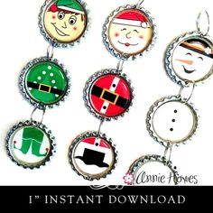 six bottle cap ornaments with santa claus, snowman and elf faces in different colors