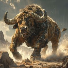 an image of a bison running through the desert