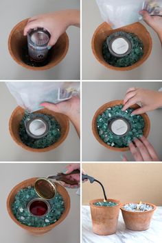 four pictures showing how to make a flower pot with rocks and soda cans in it