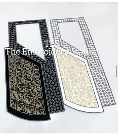 three different types of decorative paper on a white surface with black and gold trimmings