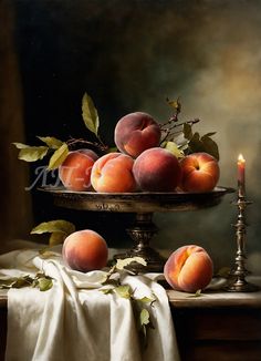 a painting of peaches on a table with a candle