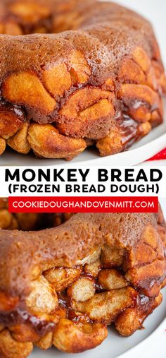 two pictures of monkey bread on a white plate with text overlay that reads, monkey bread frozen bread dough