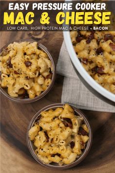 three bowls filled with macaroni and cheese on top of a wooden table