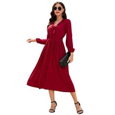 Elevate your evening with the KOJOOIN Women's Pleated Party Dress, a masterpiece of elegance and comfort. This long-sleeve V-neck dress is designed with a flattering empire waist and delicate ruffle trim that adds a touch of sophistication to any occasion.

- Material: High-quality 100% Polyester
- Features: Pleated design, elastic empire waist, mock V-neck with ruffle trim, puff long sleeves
- Color: Available in various solid colors
- Gender: Female
- Suitable for: Wedding guests, cocktail par Solid Color Chiffon Empire Waist Dress, Billowy V-neck Maxi Dress For Party, Long Sleeve Chiffon Midi Dress With Pleats, Chiffon V-neck Pleated Maxi Dress, Elegant Solid Color Dress With Flowy Skirt, Elegant Dress With Flowy Skirt, Casual Pleated Maxi Dress With Flowy Skirt, Chic Pleated Solid Color Maxi Dress, Chic Solid Pleated Maxi Dress