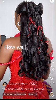 Black Hair Formal Hairstyles, Curly Hair With Bow In Back, Christmas Hair Black Women, Hairstyles For Christmas Black Women, Valentine’s Day Hair Black Women, Half Up Half Down Bow Black Women, Hoco Hairstyles Black Women, Hairstyle Black Women Natural Hair, Hair With Red Ribbon