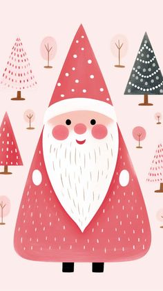 a santa clause is standing in the middle of some trees and dots on pink background