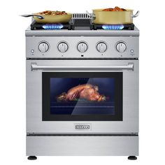 an oven that has some food on the burners and is open to show what's cooking in it