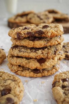 chocolate chip cookies stacked on top of each other