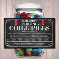 "Funny and Clever this Jar of Emergency Chill Pills label is the perfect gag gift for so many occasions This chills pills printable label is a perfect funny and gag gift for a Professional Office Gift, teacher gift, Christmas Gift, Birthday Gift, Boss Gift or Coworker Gift Label Reads: Consume 1-2 Chill Pills Immediately Following An Encounter with an Individual that can be described as one of the following: Frustrating, Dense, Stubborn, Annoying or Loud Pills Can Also Be Used for Stressful Enco Auction Basket, Chalkboard Labels, Chill Pill, Gift Printable, Gag Gifts Funny, Professional Office, Boss Gift, Doctor Gifts, Gift Labels