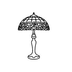 a black and white drawing of a lamp on a table with a flowered shade