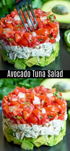 avocado and tomato salad with a fork stuck in it